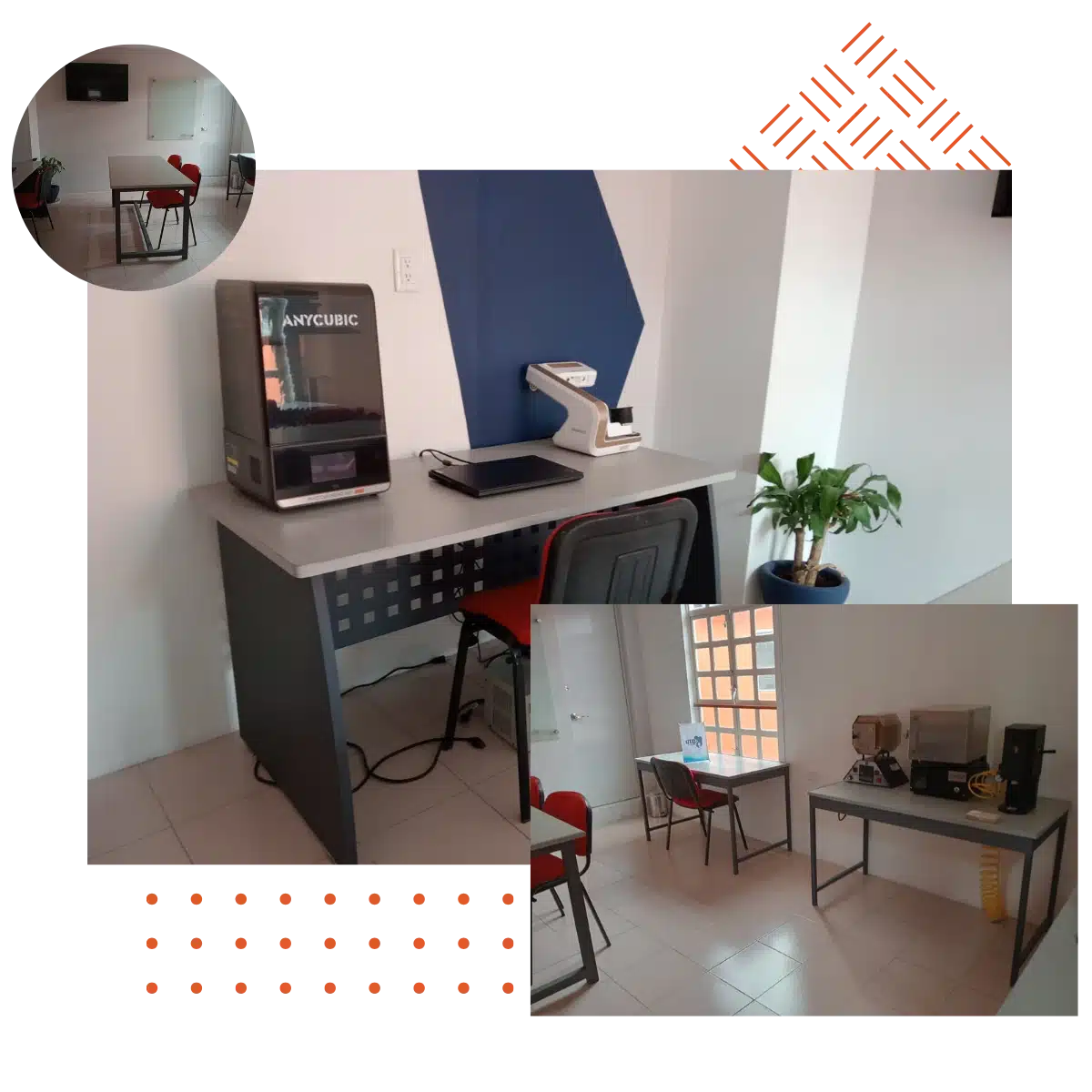 Aula equipada para la carrera de prótesis dental con mesas de trabajo, sillas rojas y equipo especializado, ideal para la formación práctica y técnica en odontología.