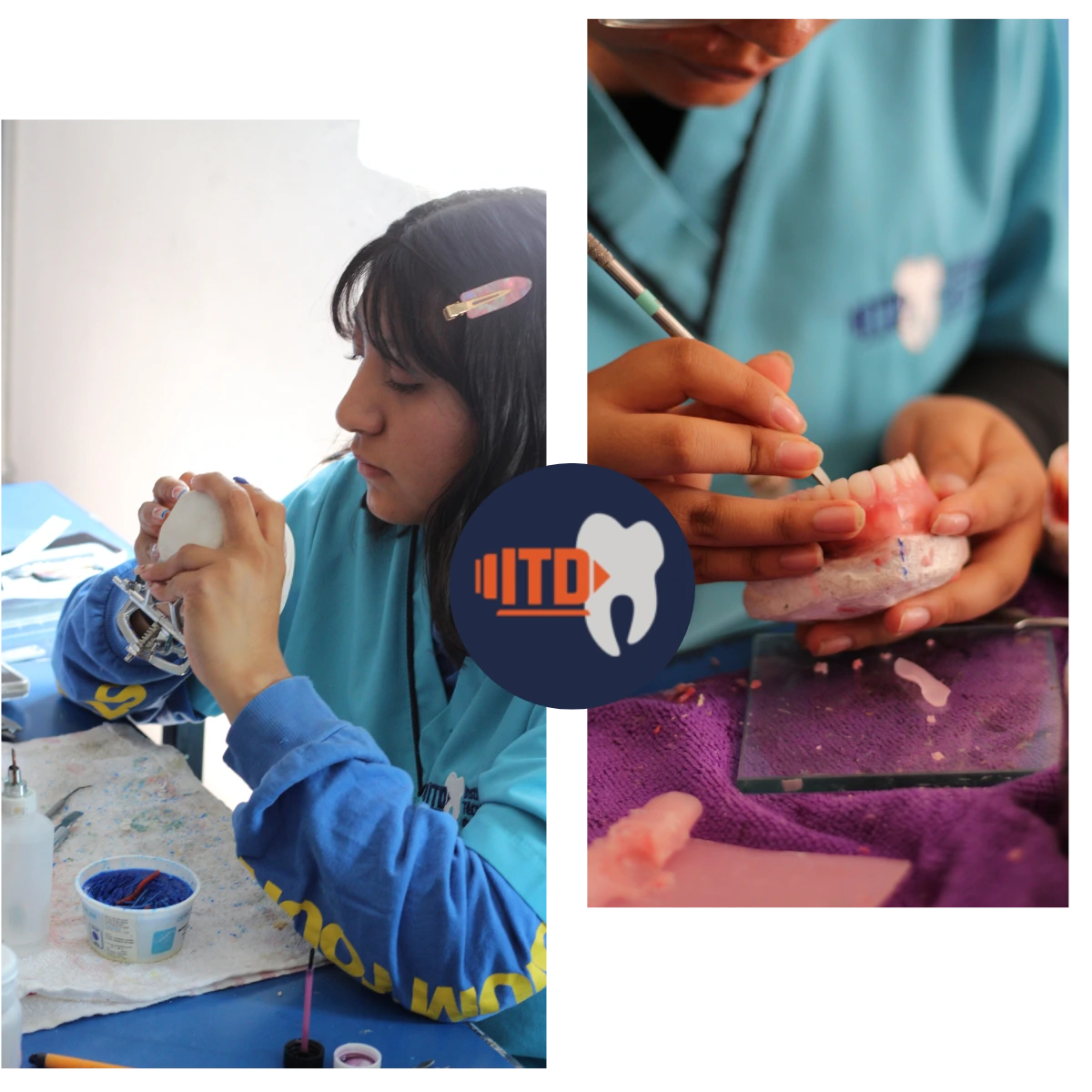 Alumna en curso de técnico dental trabajando en el modelado de prótesis durante sesión práctica en laboratorio.